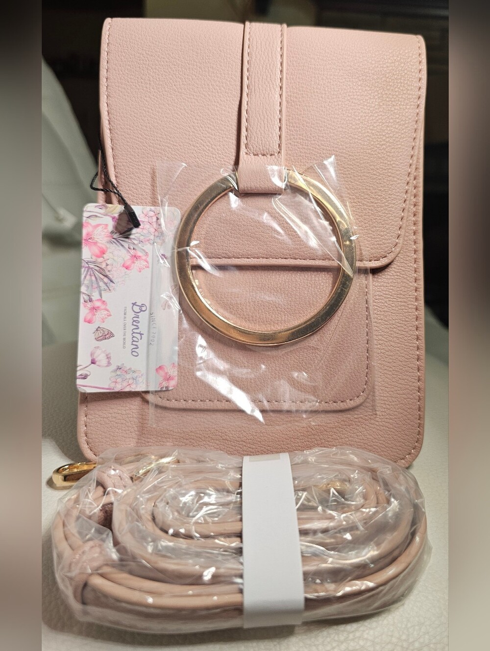 Brentano Blush Pink Crossbody Bag with Gold Ring Accent With Dust Bag